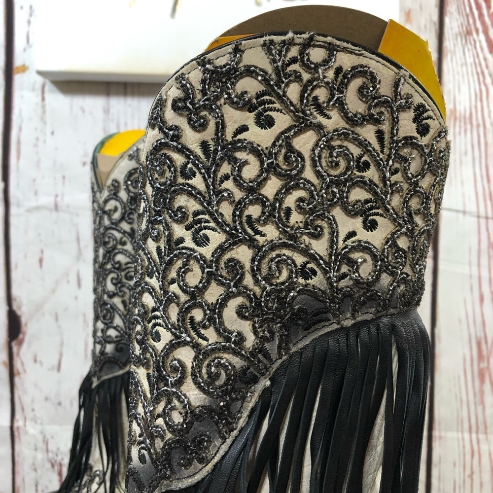 CORRAL handcrafted Fringe Embroidered Western Women’s Boot - Black and Cream 7 - Picture 5 of 16